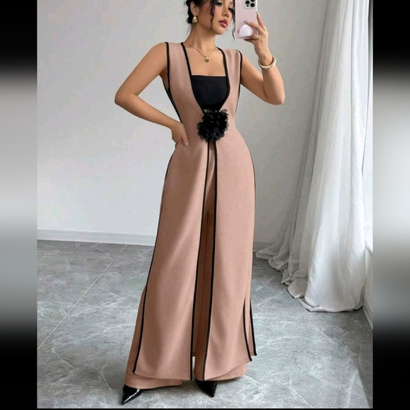 Elegant Floral Colorblock Sleeveless Knit Long Cardigan Vest And Leg Pants Set - Picture 1 of 4